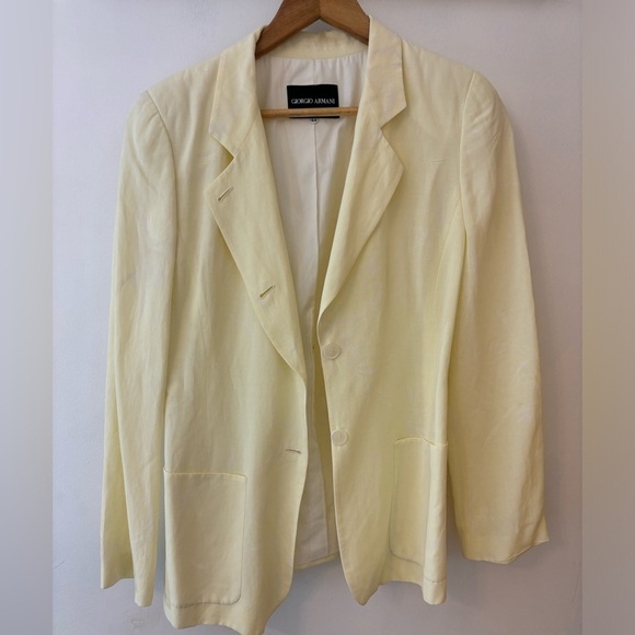 Giorgio Armani Pastel Yellow Convertible Collar Palm Print Blazer - Picture 1 of 15
